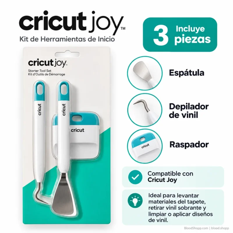 Infografía Cricut Joy Starter Tool Set con sus tres herramientas y principales funciones