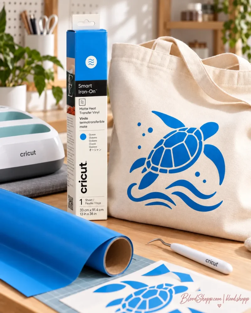 Cricut Smart Iron-On Ocean aplicado en bolsa de tela personalizada