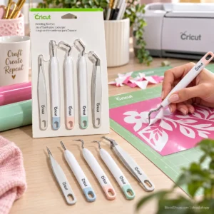 Demostración del depilado de vinil rosa con una herramienta Cricut para retirar recortes de un diseño